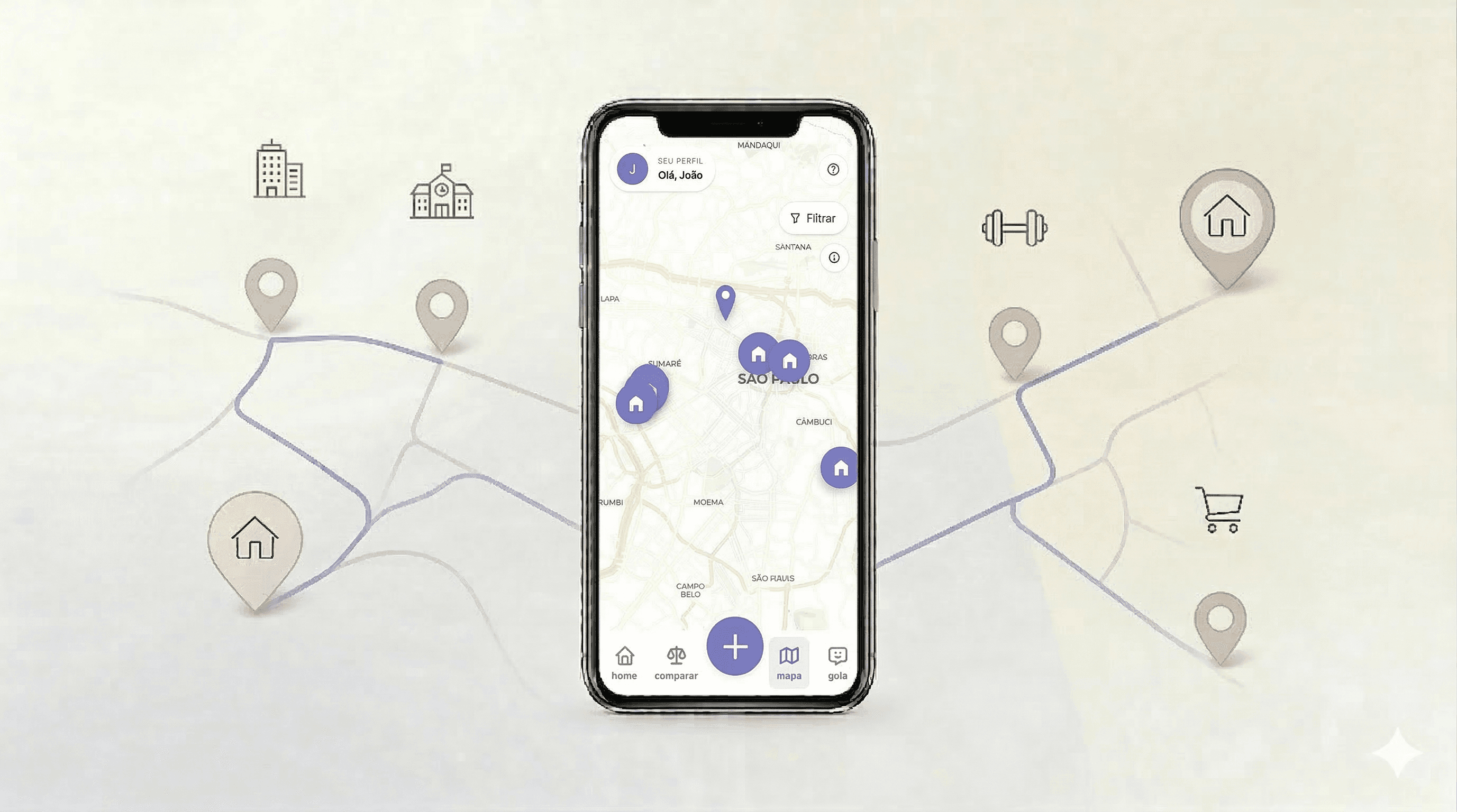 Mapa com pontos de interesse salvos