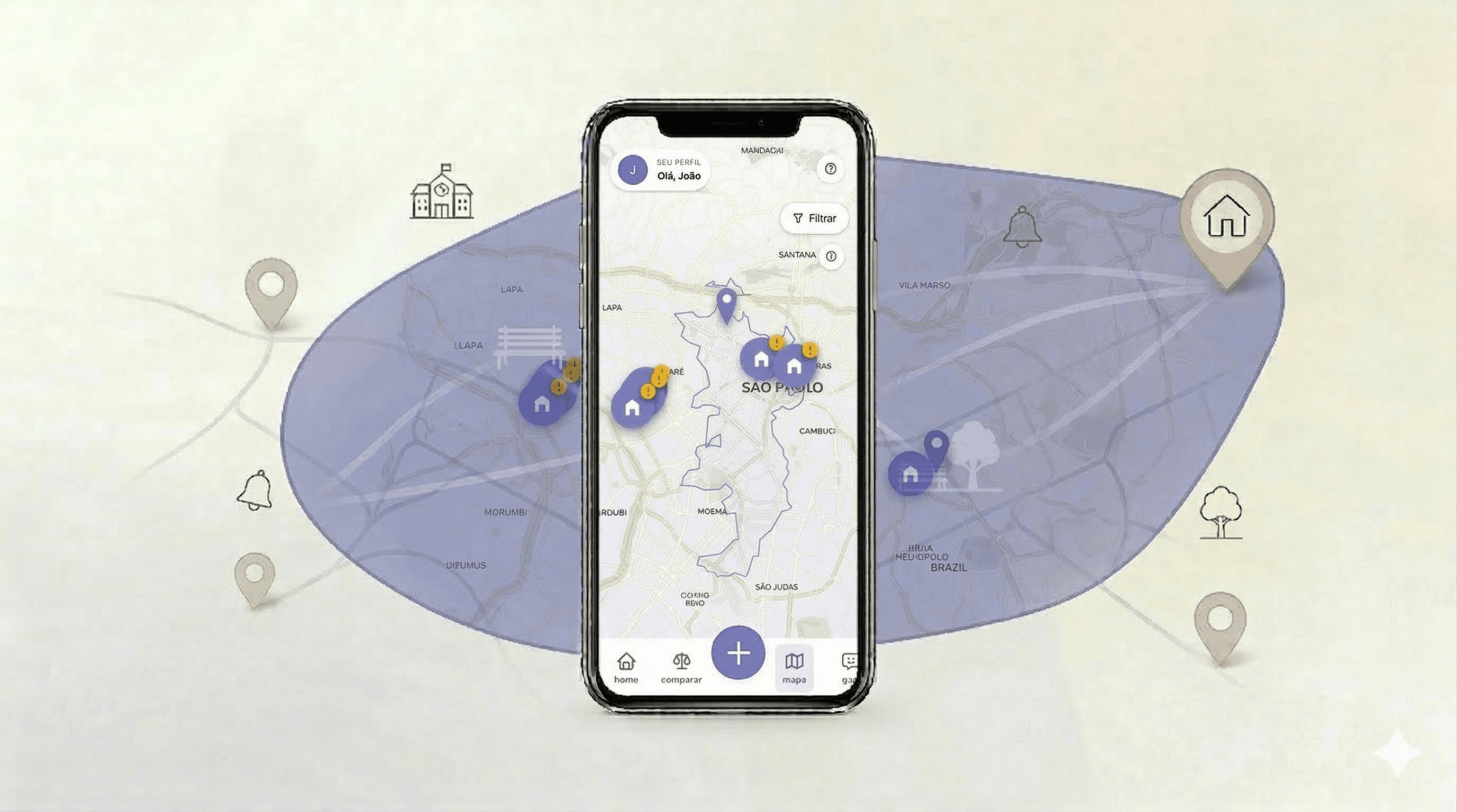 Mapa com destaque para área ideal de busca