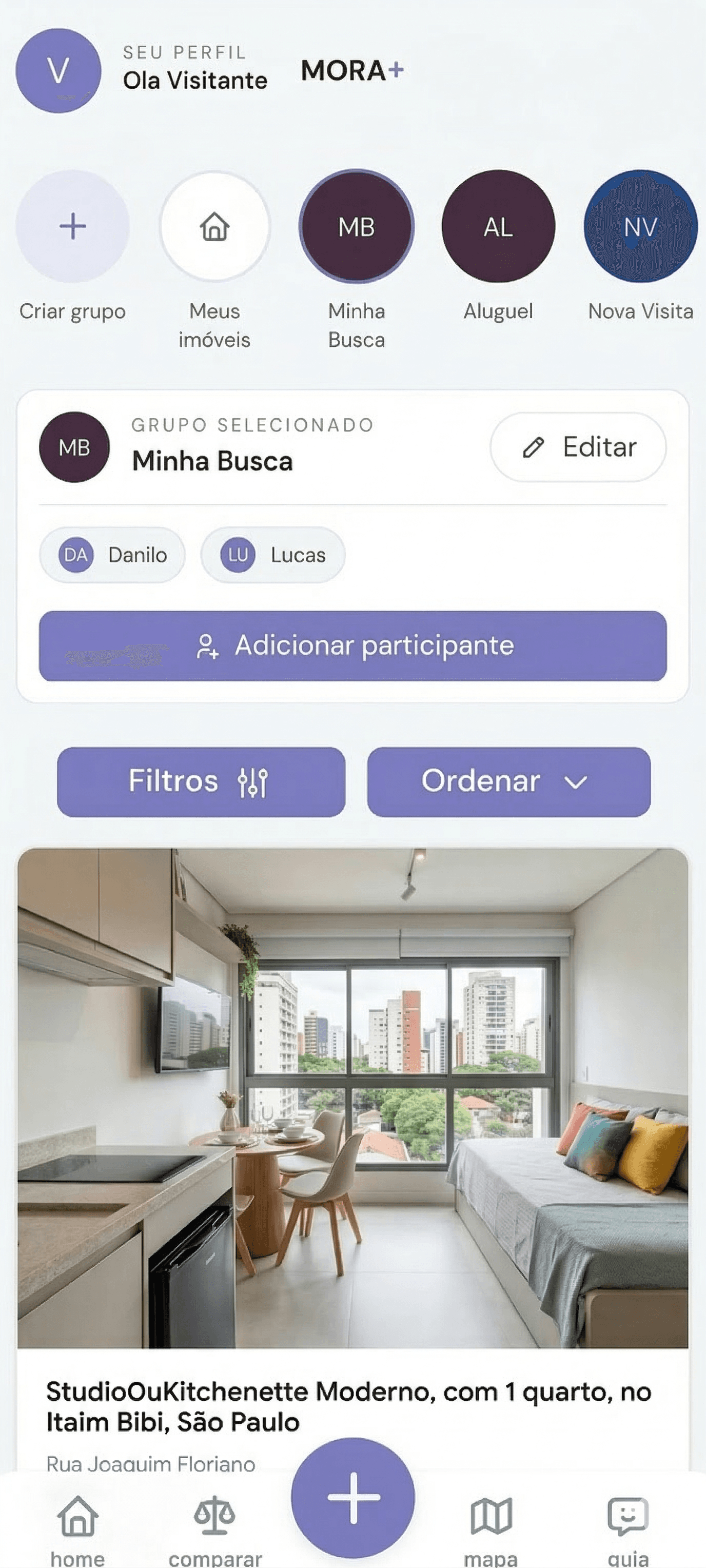 Tela de grupo compartilhado para busca de imóveis